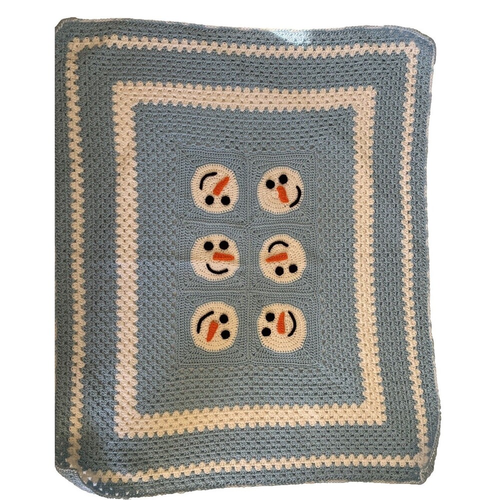 Snowman Afghan Throw Blanket Crocheted Hand Knit 49x41” Baby Blue Winter Holiday
